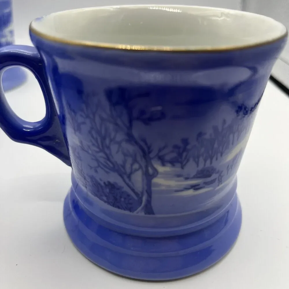 Vintage Currier And Ives Shaving Mugs Blue & White Lot of 4 Different Designs